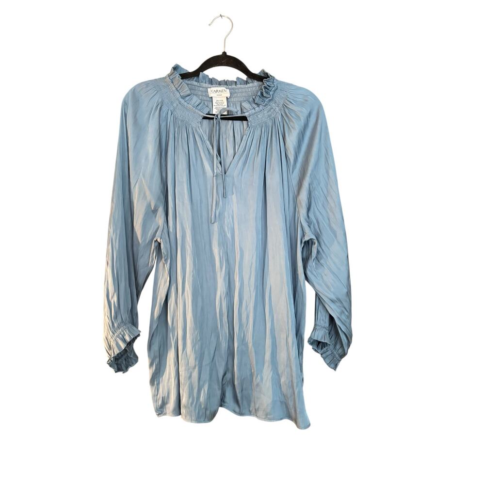 Carmen High Ruffle Neck Blouse Top Long Sleeve 2X tie Neck Flowy Boho Office